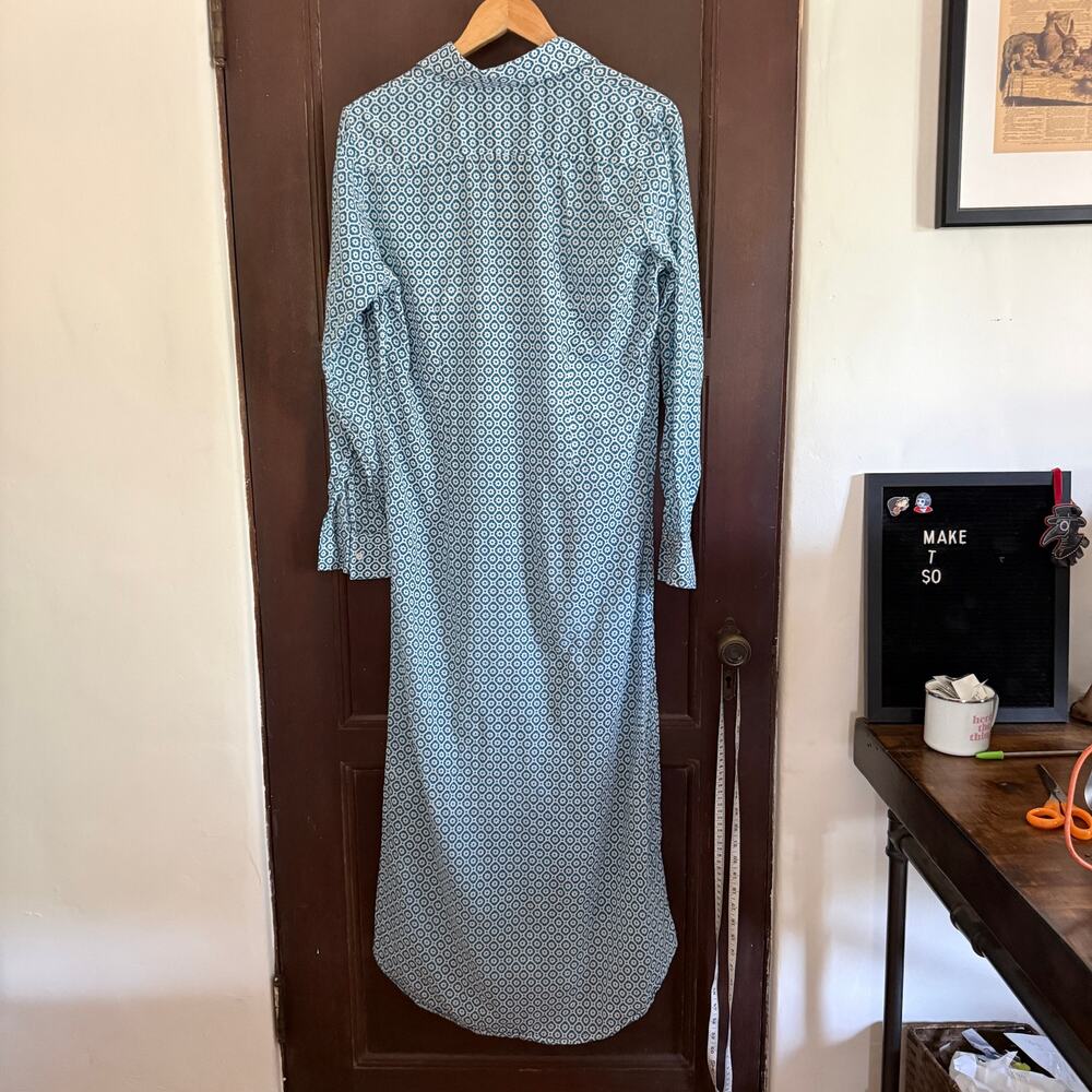 PAX PHILOMENA | Teal Blue and White Cartouche Print Maxi Shirt Dress | Large - Picture 2 of 8